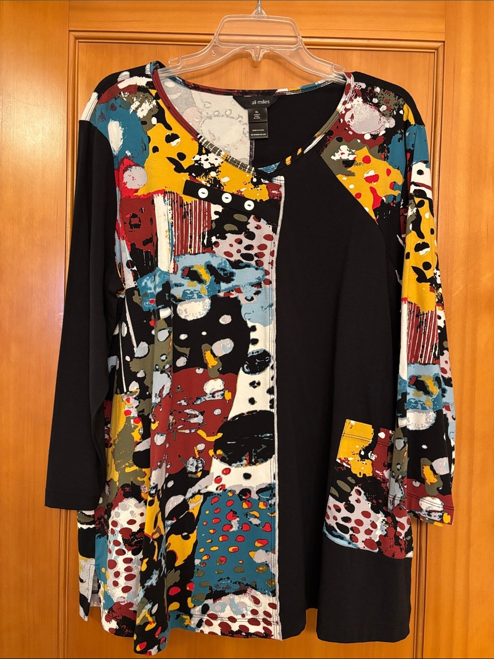 Ali Miles Black Tunic with Multicolor Abstract Patchwork